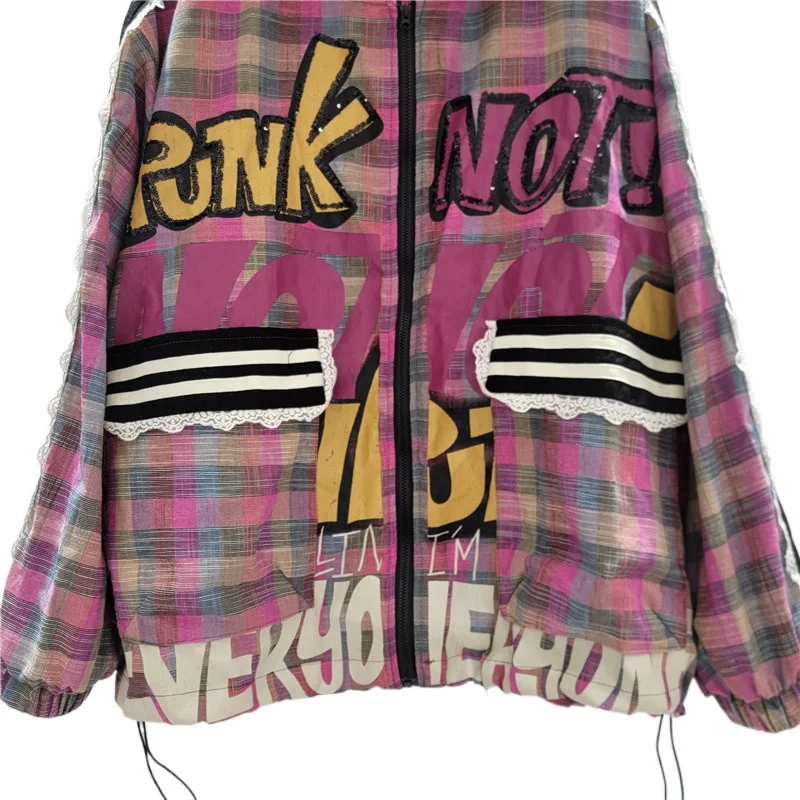 European Trendy Brand Hoodies 2025 Summer Loose Large Version Color Matching Hooded Plaid Cartoon Sunscreen Jacket Women's Top