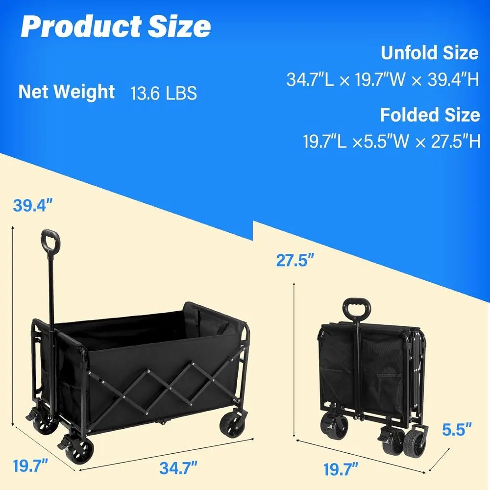 Wagon utilitaire pliable d'une capacité de 500 lb, poignée réglable et porte-boissons pour le camping, le shopping, le sport et plus encore
