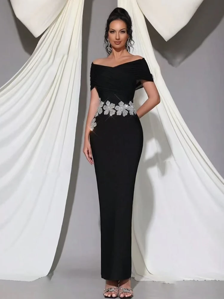 セクシーなオフショルダーダイヤモンドフラワーバンデージドレス女性用ブラックメッシュパッチワークボディコンロングドレスイブニングパーティーガウン