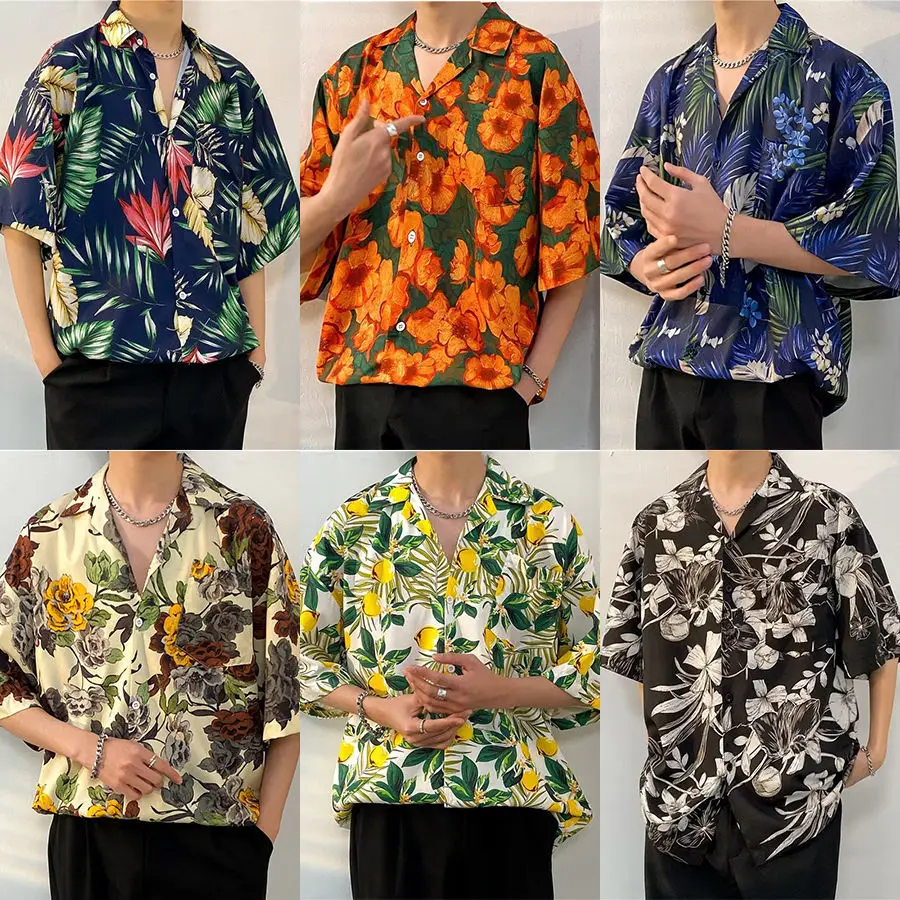 Summer Casual Short Sleeved Shirt Korean Version Hawaii Sea View Floral Shirt Men's Fashionable Loose Button Collared Shirt