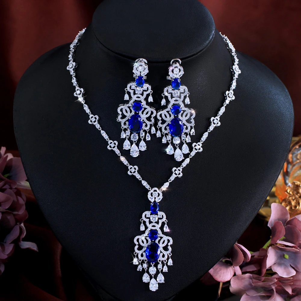 CWWZircons Top Quality Royal Blue Cubic Zirconia African Big Statement Necklace 2Pcs Sets for Women Evening Party Jewelry T0553
