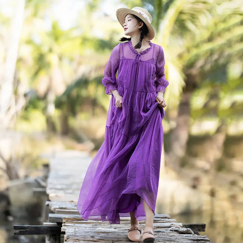 Womens Fashion Long Dresses  Print Streetwear Summer Dress Casual Lantern Sleeve Purple Color Chiffon Dress Roupas Feminina