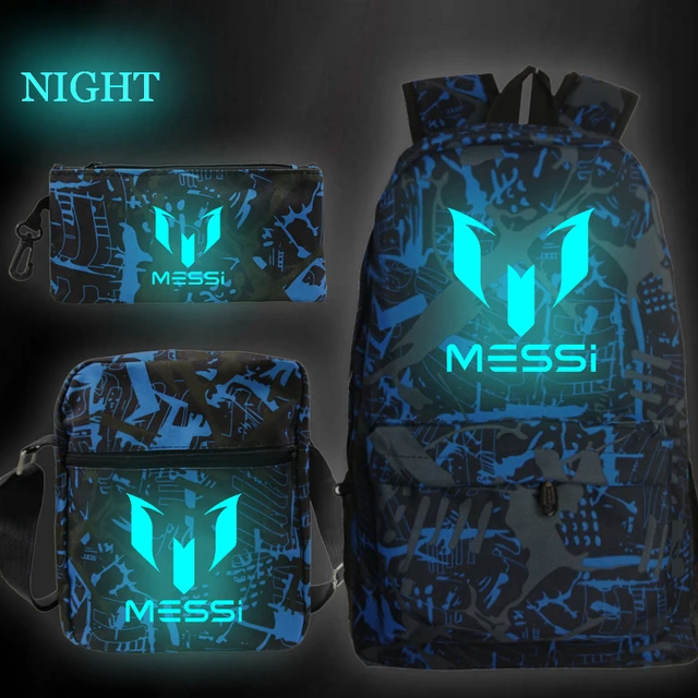 Mochila De Fútbol Messi 3 para hombre y mujer, morral luminoso con estampado 3D para ordenador portátil, bolsos de hombro para estudiantes de