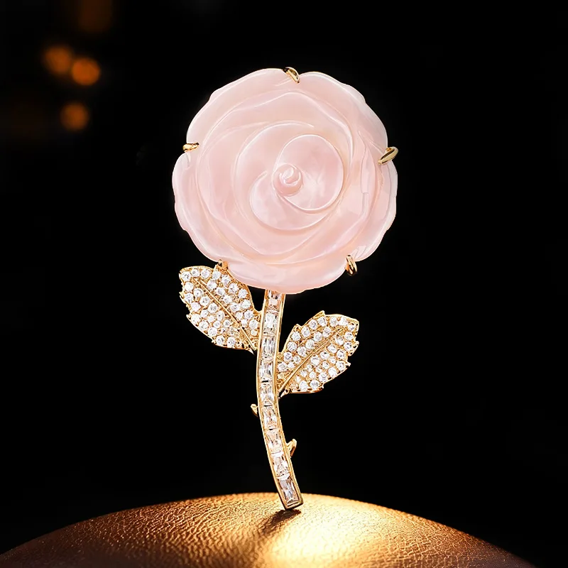 OKILY Natural Pink Fritillary Rose Brooch Elegant Shell Zircon Branches and Leaves Pin Light Luxury and High-end Jewelry Corsage