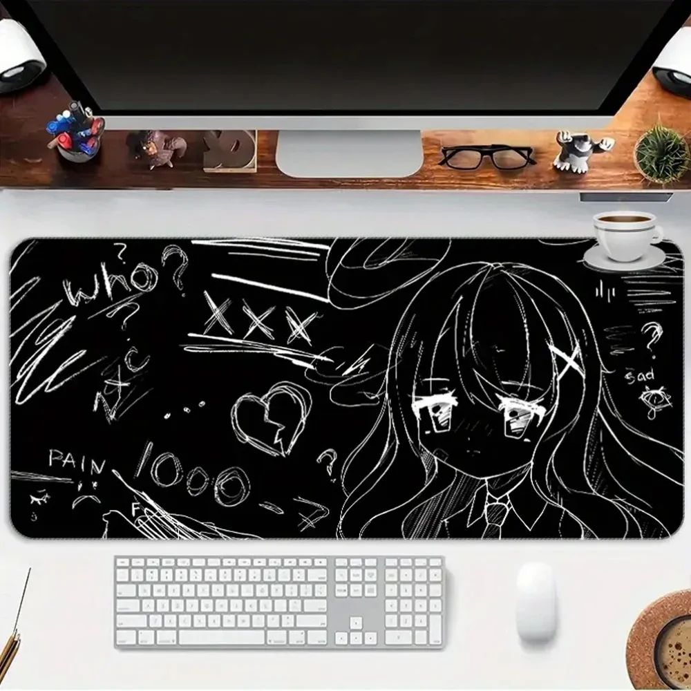 Grunge Anime Girl Sketch Gaming Mouse Pad, Large Non-Slip Desk Mat with Black & White Doodle Art for Gamers & Home Office