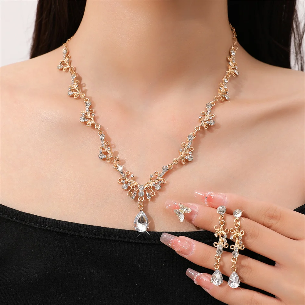 Exquisite Dangle Earrings And Necklace Set For Women Bridal Jewelry Set Rhinestone Flower Choker Necklace Set Party Wedding