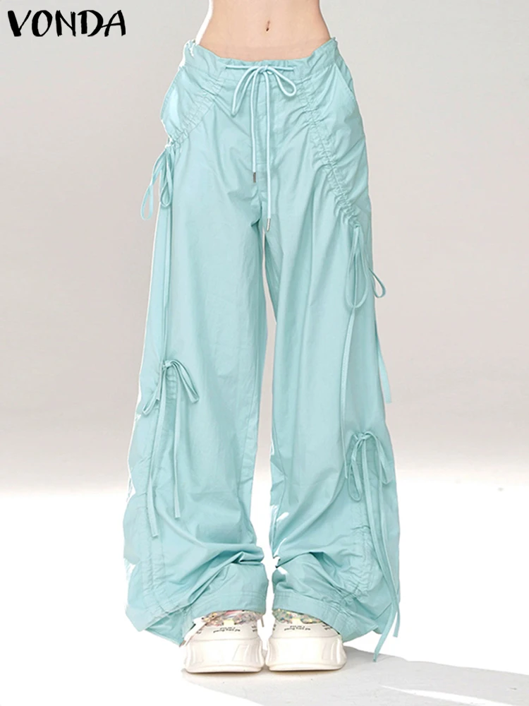 

VONDA Women Wide Leg Pants 2025 Spring Solid Color Trousers Casual Loose Lace-up Drawstring Bottoms Femme Oversized