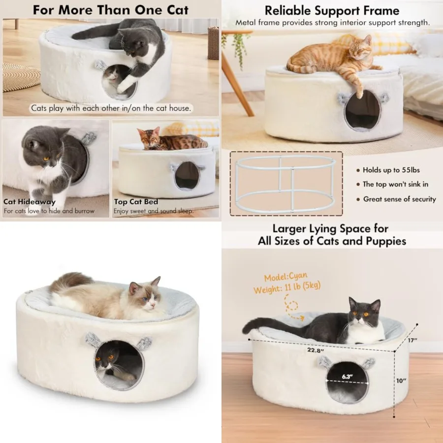 

Cat Bed for Indoor Cats, Fluffy Large House Cave Pet with Removable Washable Cover for Sleeping s, Kittens, Small Dog, Oval Hid