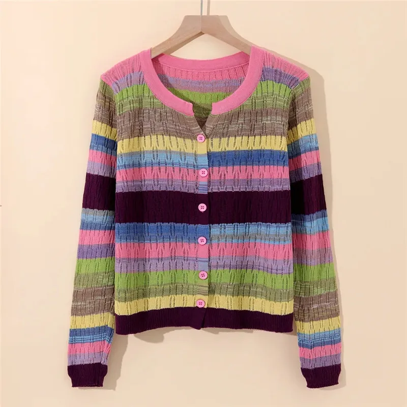 Fashion Knitted Cardigan Sweater For Women 2024 New Spring Autumn Color Striped Long Sleeved V-Neck Knitwear Female Top Jacket