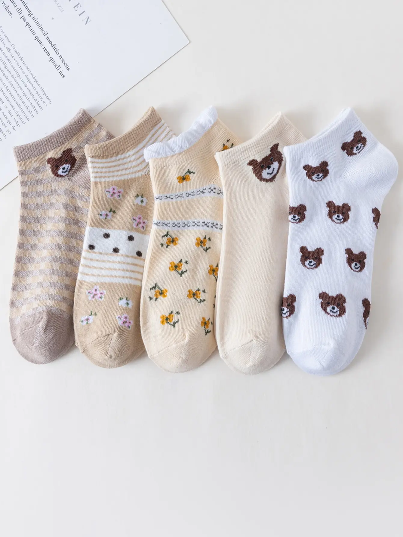 5 Pairs Women Low Tube Socks Set Cute Bear Pattern Fashion Breathable For Female Casual Style Comfortable Socks