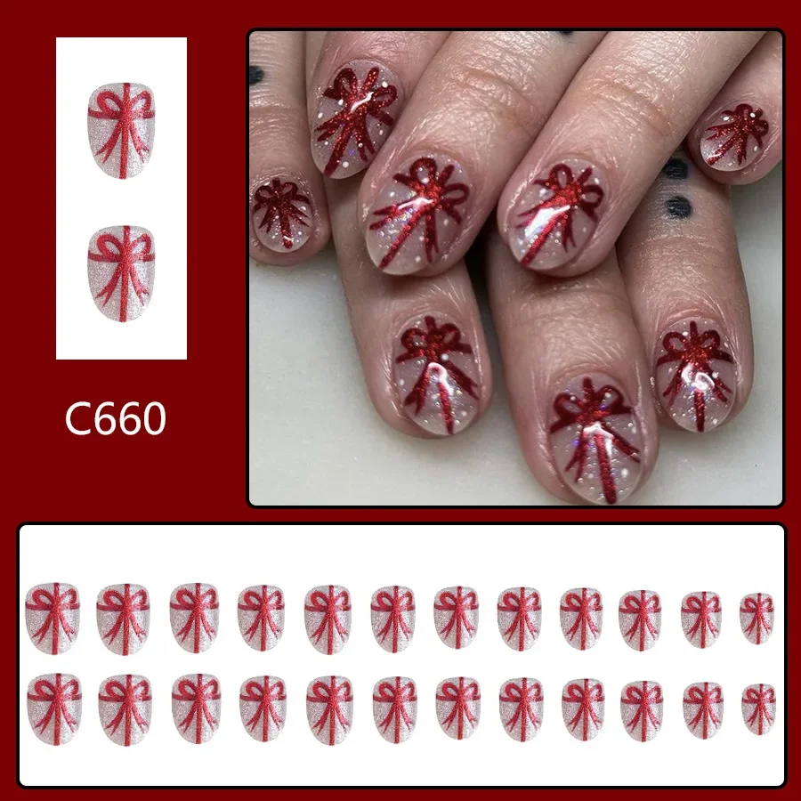 ity 2024 New Christmas Sweet Bow Ribbon Burgundy Loose Powder Wear Nail Short Glossy Oval False Nails for Women and Girls 24 Pieces