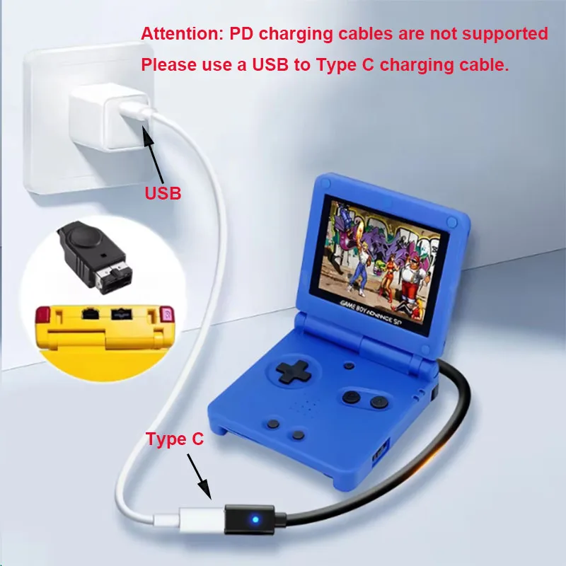 USB Type C Charging Cable for Nintendo GBA SP Game Boy Advance With LED Indicator Light Power Supply Wire Game Console Cord