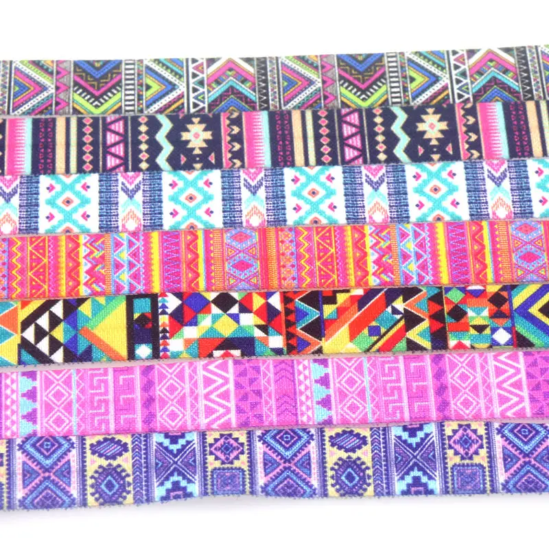 DHK 5/8'' 5yards Tribal Plaid Folk-custom Printed Fold Elastic FOE Stretch Ribbon Hairbow Accessories Craft DIY Sewing C2005