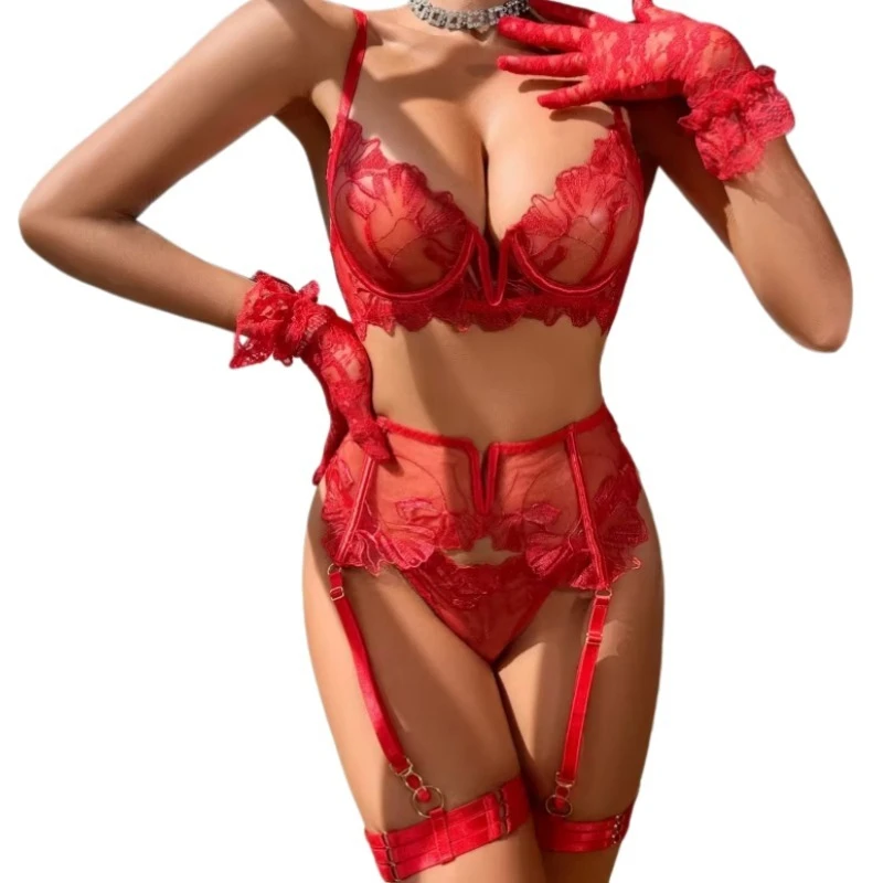 

Sexy Lace Exotic Lingerie Sets Women's 5 Piece See Through Mesh Floral Bra Garter Set with Gloves Exquisite Sensual Underwear