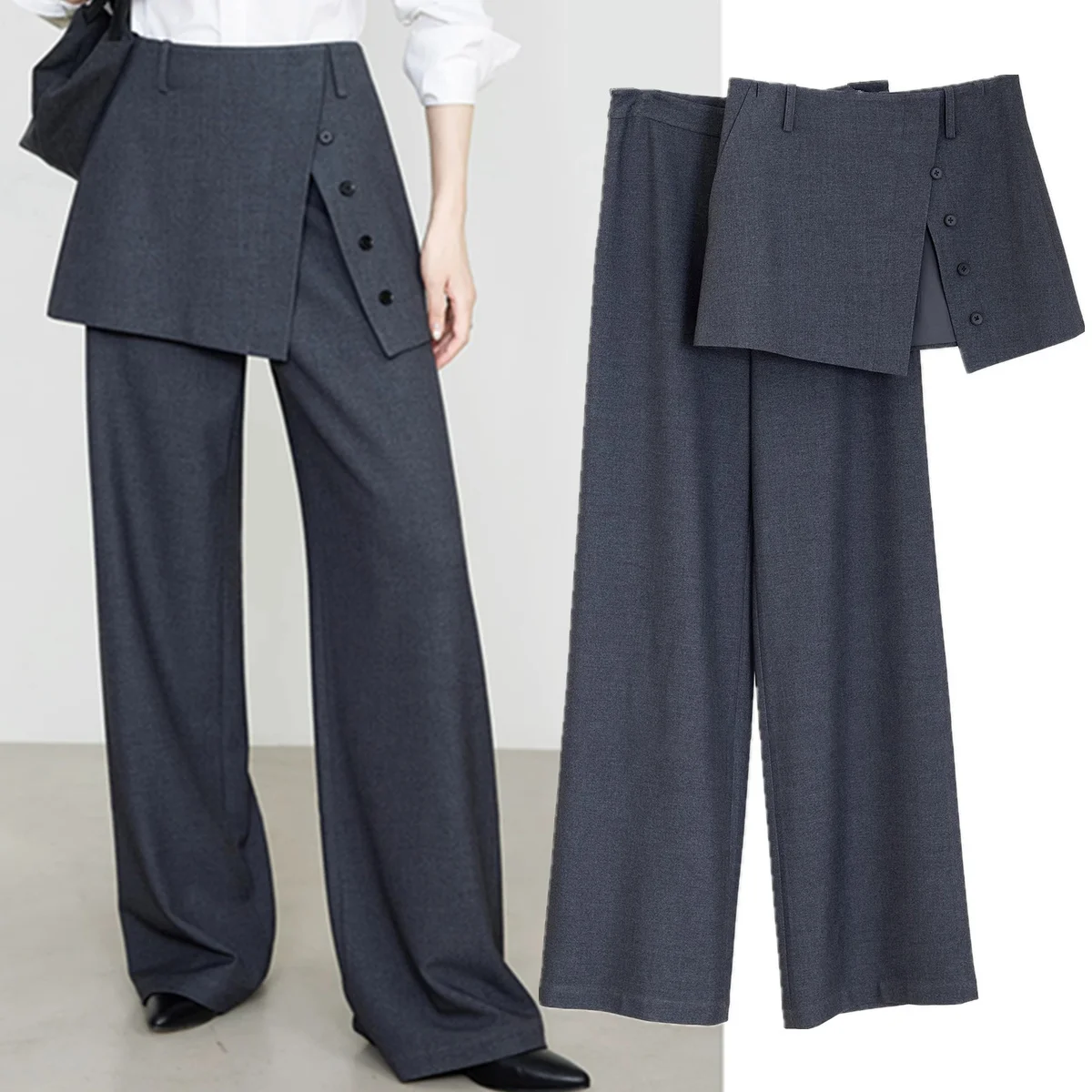 

Jenny&Dave French Fashion Women's Clothing Two-piece Skirt Pants Straight Pants Minimalist Wool Gray Suit Women's Pants 25-29