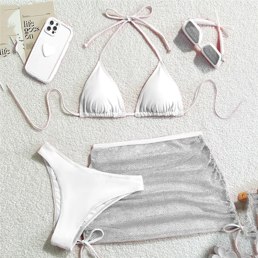 Solid Brown Swimwears String Halter Triangle 3 Piece Bikini Set Sexy Swimsuit Women 2026 Mesh Skirts Bathing Suit Bikinis Dames - Image 6