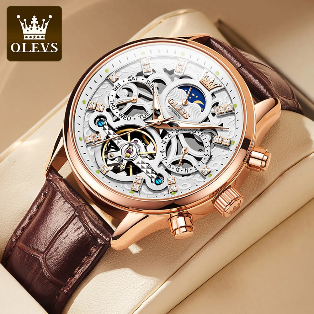 OLEVS Men\'s Watches Leather strap Waterproof Skeleton Men\'s Wrist watch Multifunctional Moon Phase Calendar Automatic Men Watch