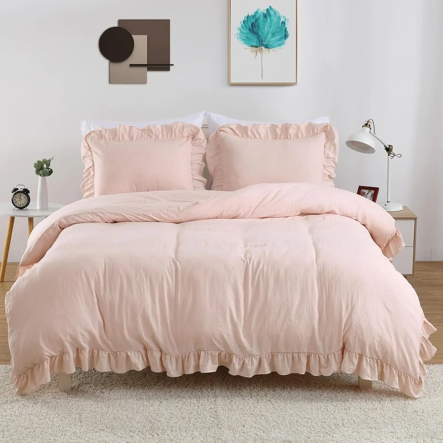 Ruffled Microfiber Duvet Cover Set – Washed Microfiber, Soft & Breathable, Button Closure with Corner Ties, 3-Piece Bedding Set (90