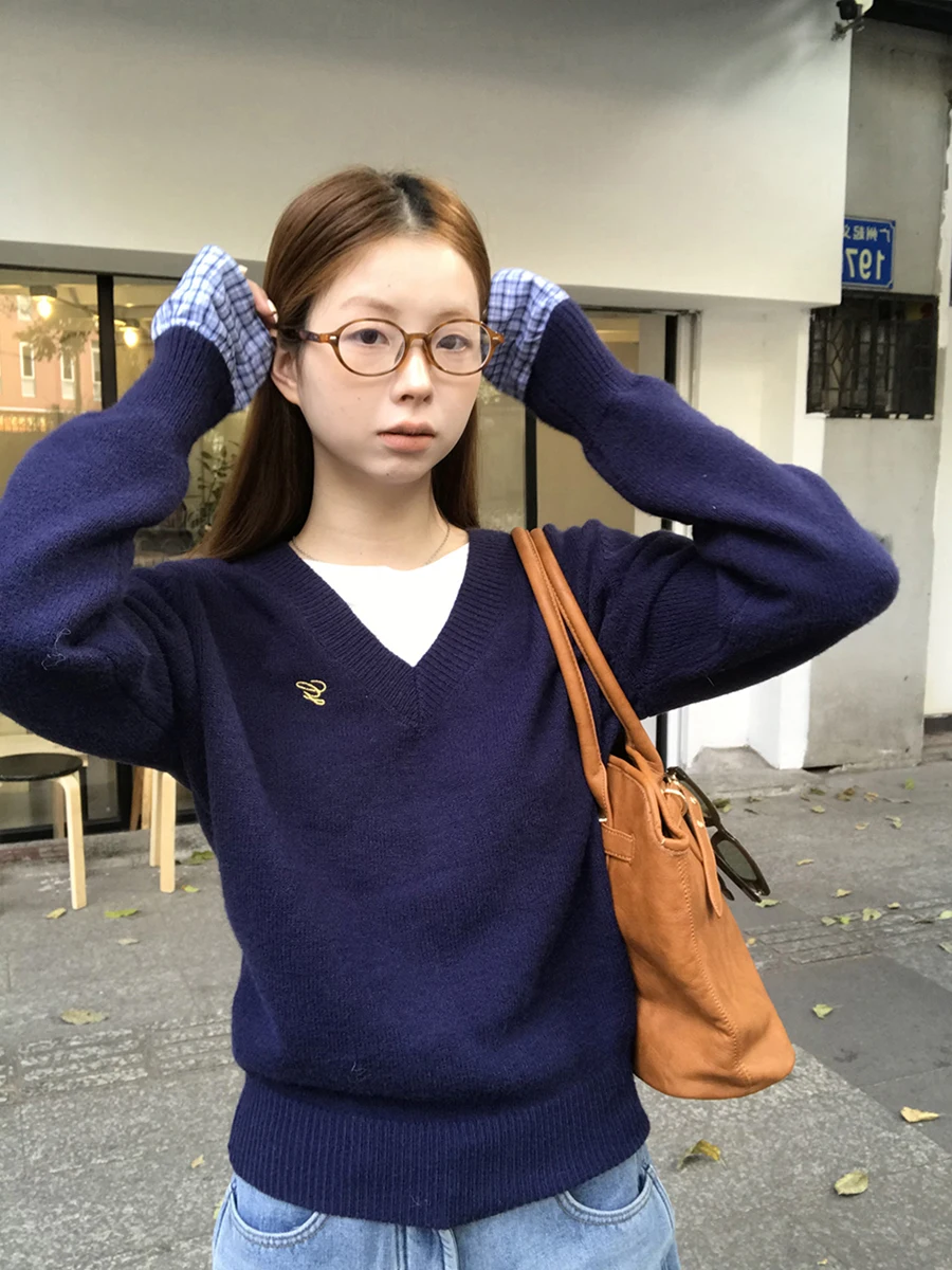 

Синий вязаный свитер женский Sle Lazy High-End Feeling Winter Faion цельный круглый Ne Long Sve топ прямого кроя