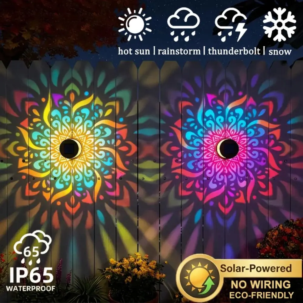 Sunflower Mandala Solar Wall Lamp LED Metal Garden Decorative Light Hollow Pattern Waterproof Fence Wall Light Courtyard Home