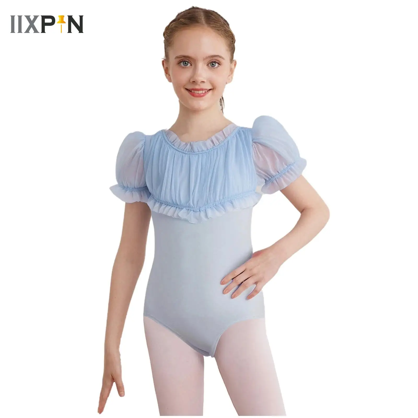 

Kids Girls Ruffled Gymnastics Leotard Ruched Sheer Mesh Patchwork Sport Ballet Dance Bodysuit Dancewear Performance Costume