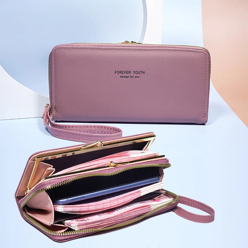 Cartera de doble capa para mujer, bolso con asa de Clip y cremallera larga, minimalista, de gran capacidad, para dinero y teléfono, cuero de PU de alto grado