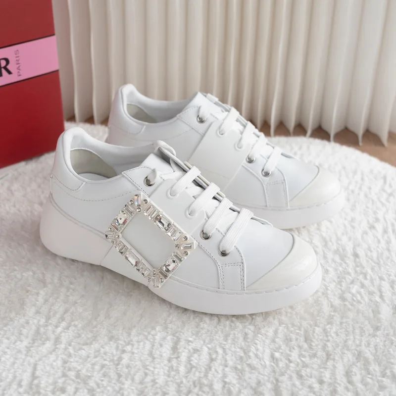 2024 new lace-up side square rhinestones with thick bottom color matching casual small white shoes sneakers