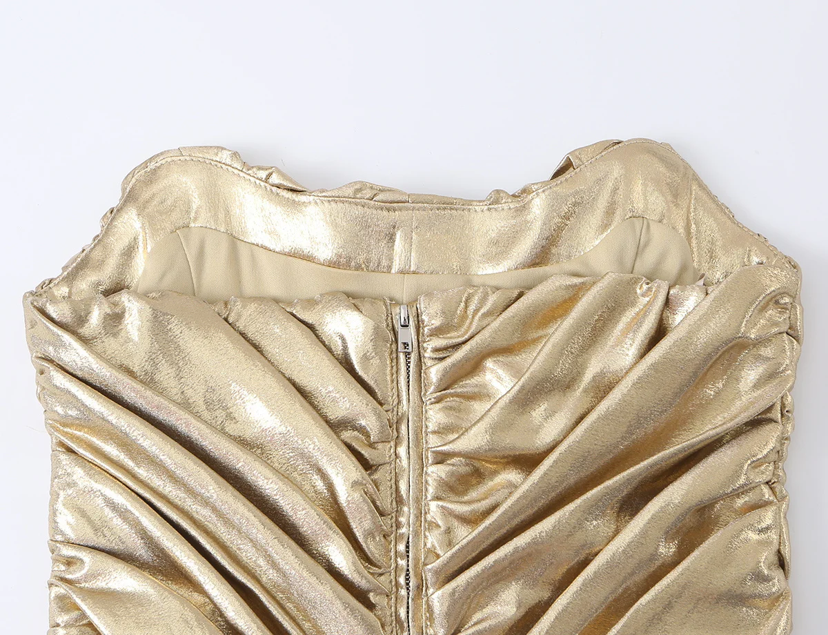 TFMLN 2026 Damen Glänzendes Gold Gerafftes Top Modisches Diagonal Plissiertes Ärmelloses Trägerloses Crop-Top Damen Abend-Partykleidung – Detail 9