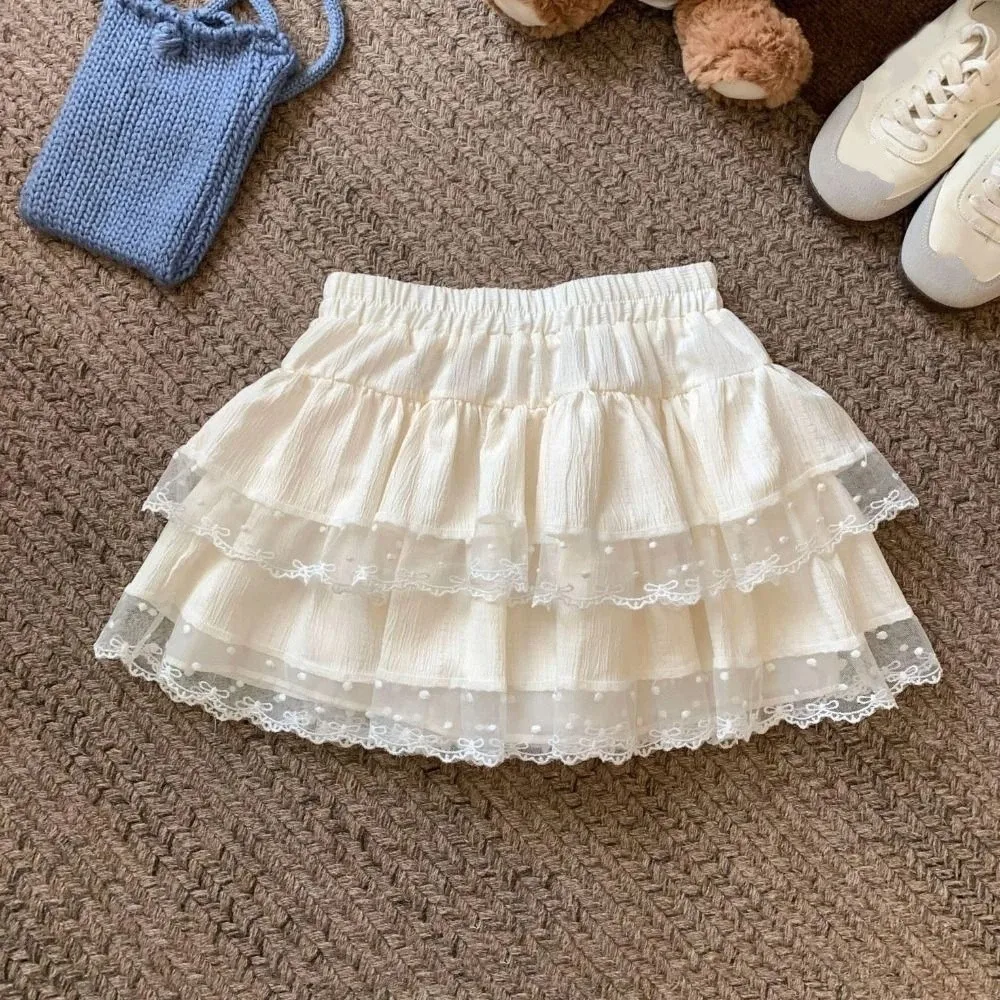 Fashion Dots Puffy Cake Skirt Women High Waist Sweet Lace Bowknot Short Skirt Textured with Safty Pant A-Line Short Skirt Women