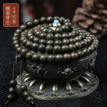 베트남 냐짱 핸드 스트링 아가르우드, 8mm 108 묵주 구슬, 남녀공용, 불교 가라앉는 물 등급 나무 고재 팔찌