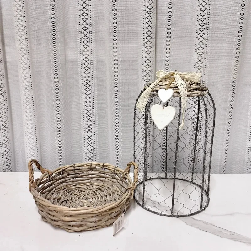 Retro old iron gardening f cover willow braided tray floral green plant decorative parts