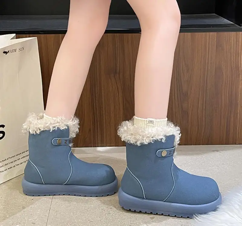 Metal Buckle Decorate Casual Snow Boots Faux Suede Warm Lambswool Women Ankle Boots Winter Thick Sole Non Slip Mid-Calf Booties