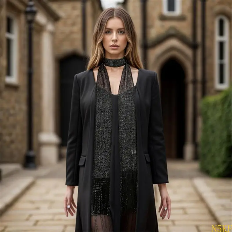

N5KF Long Neck Scarf Elegant Fringed Neck Shawl Scarf for Evening Party and Travel
