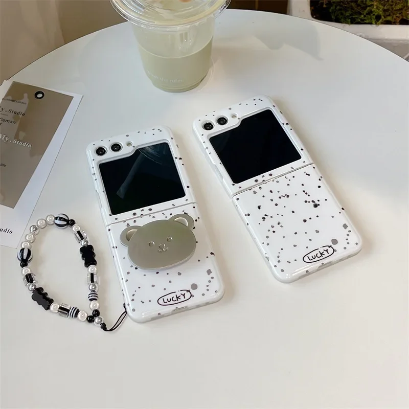 Black Splash-ink Bear Phone Stand Case for Samsung Galaxy Z Flip 6 5 4 3 Protective Back Cover for ZFlip4 ZFlip5 ZFlip6 Case