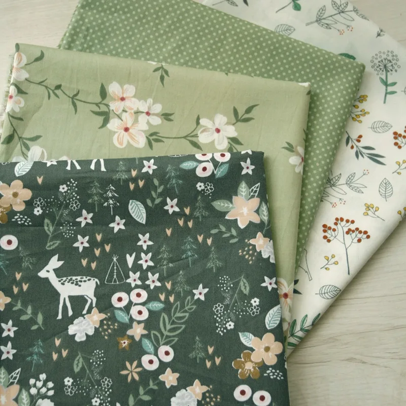 Green series Cherry Deer TwillCotton  Cloth Pastoral Sewing Accessories DIY Handmade By Half Meter 50*160cm