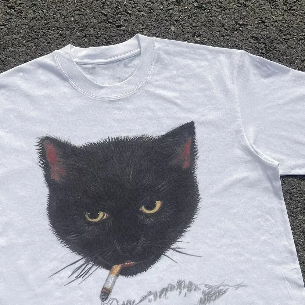 

Street American Y2K Shaky Cat Graphic Printed T-shirt Punk 90s Rock Ins Hip-hop Personality Loose Retro Half-sleeved Tops