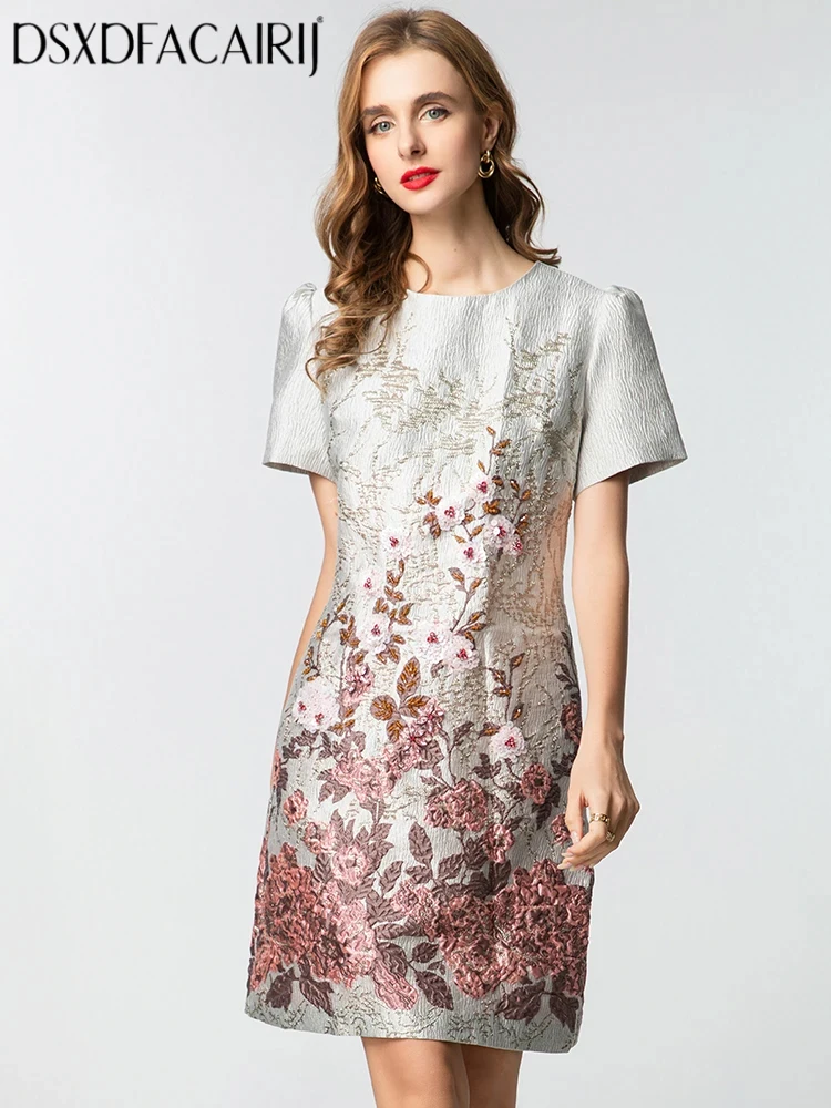 

DSXDFACAIRIJ Women's Sequin Diamond O-Neck Short Sleeve Vintage Jacquard Mini Dress Summer Fashion Female