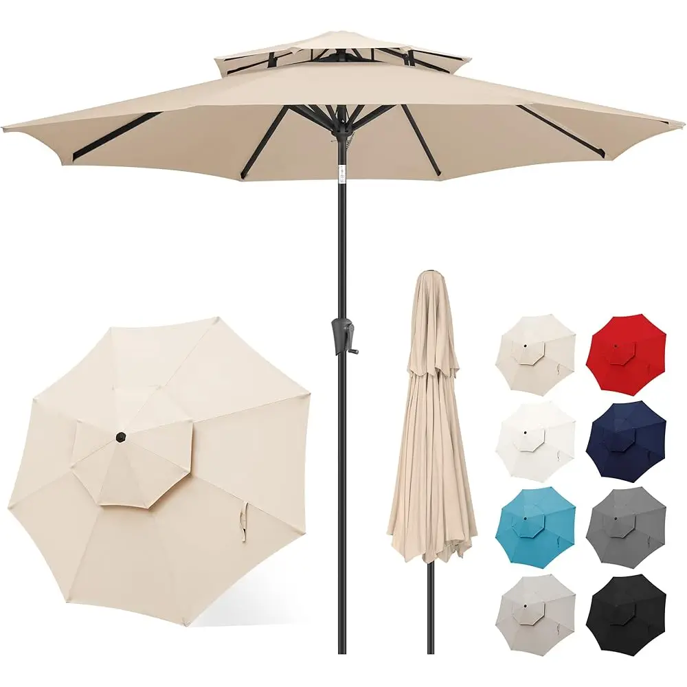 

9Ft Patio Umbrella - 2 Tiers Outdoor Umbrella With Push Button Tilt And Crank For Uv Protection, Table Market Umbrella For