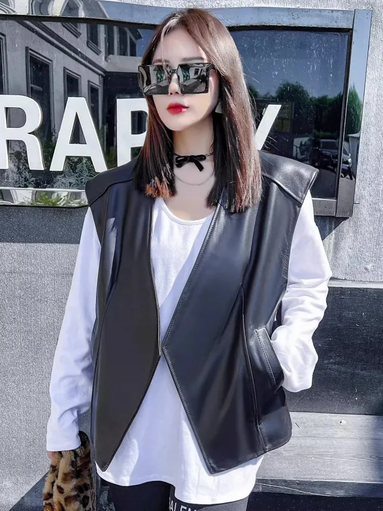 Women Genuine Leather Vest V-Neck Fashion Versatile High Street Black Waistcoat Hip Hop Casual Sleeveless Real Sheepskin Jacket