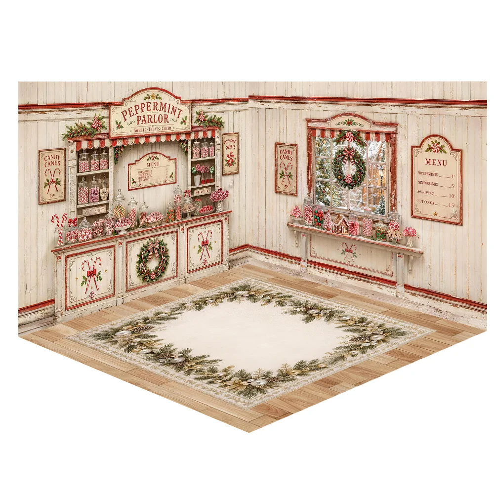 Peppermint Parlor Candy Canes Backdrop Winter Christmas Window White Wash Planks Background Xmas Room Shop Family Party Shoot