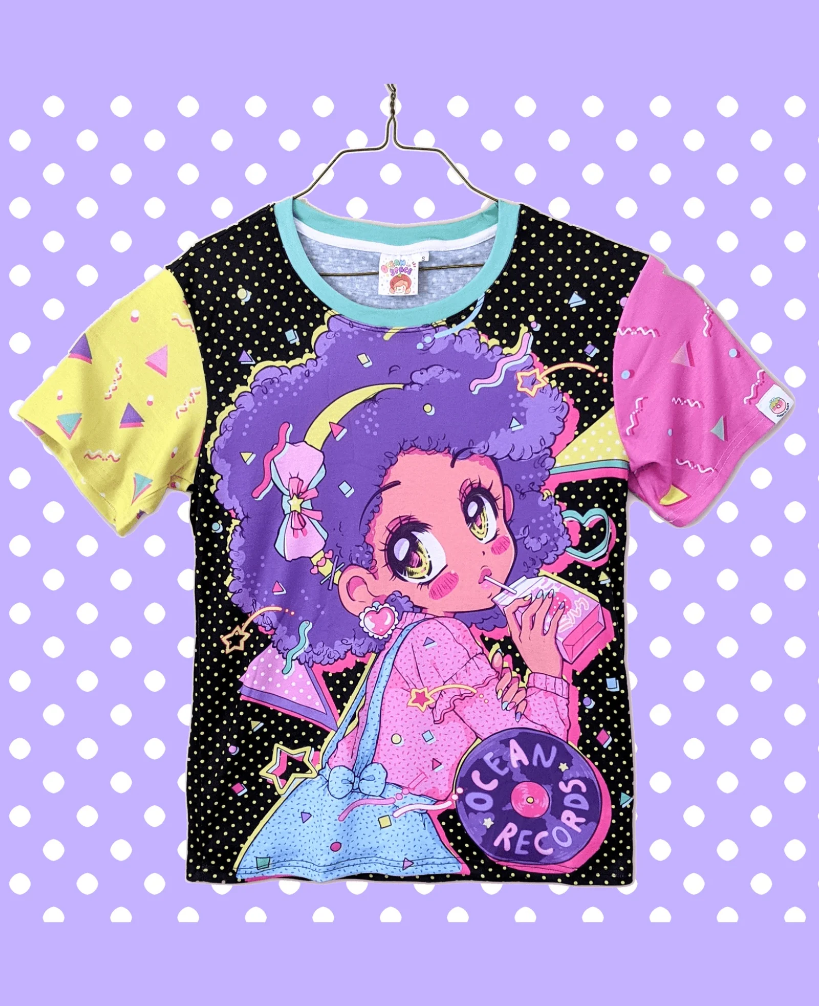 Harajuku Y2K Anime Girl T-shirt Printed with Pollen Purple Blue Vinyl Record Heart Shaped Sleeve for Adults and Children
