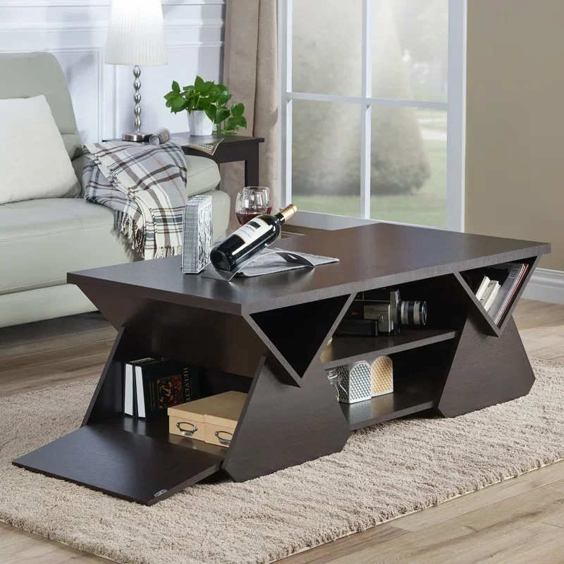 Contemporary Storage Coffee Table with Multiple Open Shelves and 2 Drop Down Compartments for Living Room Center Table