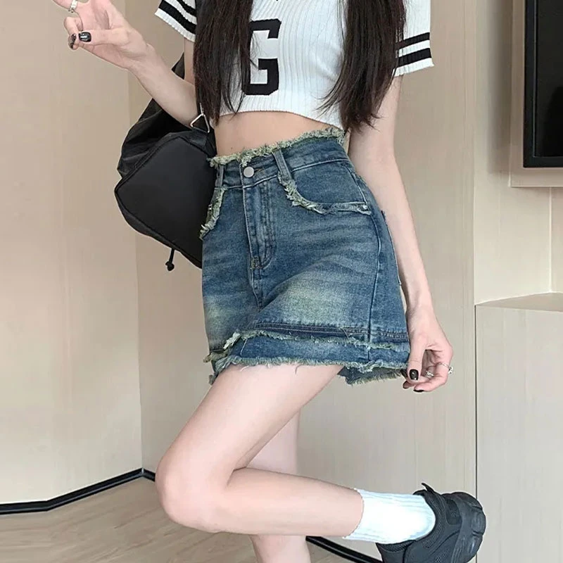 Raw edge denim skirt female summer high waist thin A word big yards package hip half-body skirt niche design ins tide