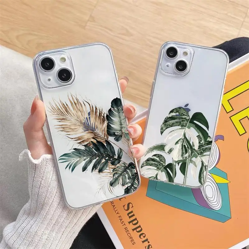 Monstera Leaves Palm Tree Flower Bird Clear Phone Case for iPhone 12 13 11 14 Pro Max Mini 8 7 14 Plus XS XR X Transparent Shell