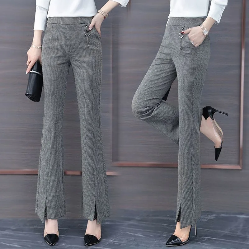Slit Plaid Bell-bottom Pants for Women 2025 New Spring Swing Houndstooth High Waist Stretch Stylish Elegant Trousers