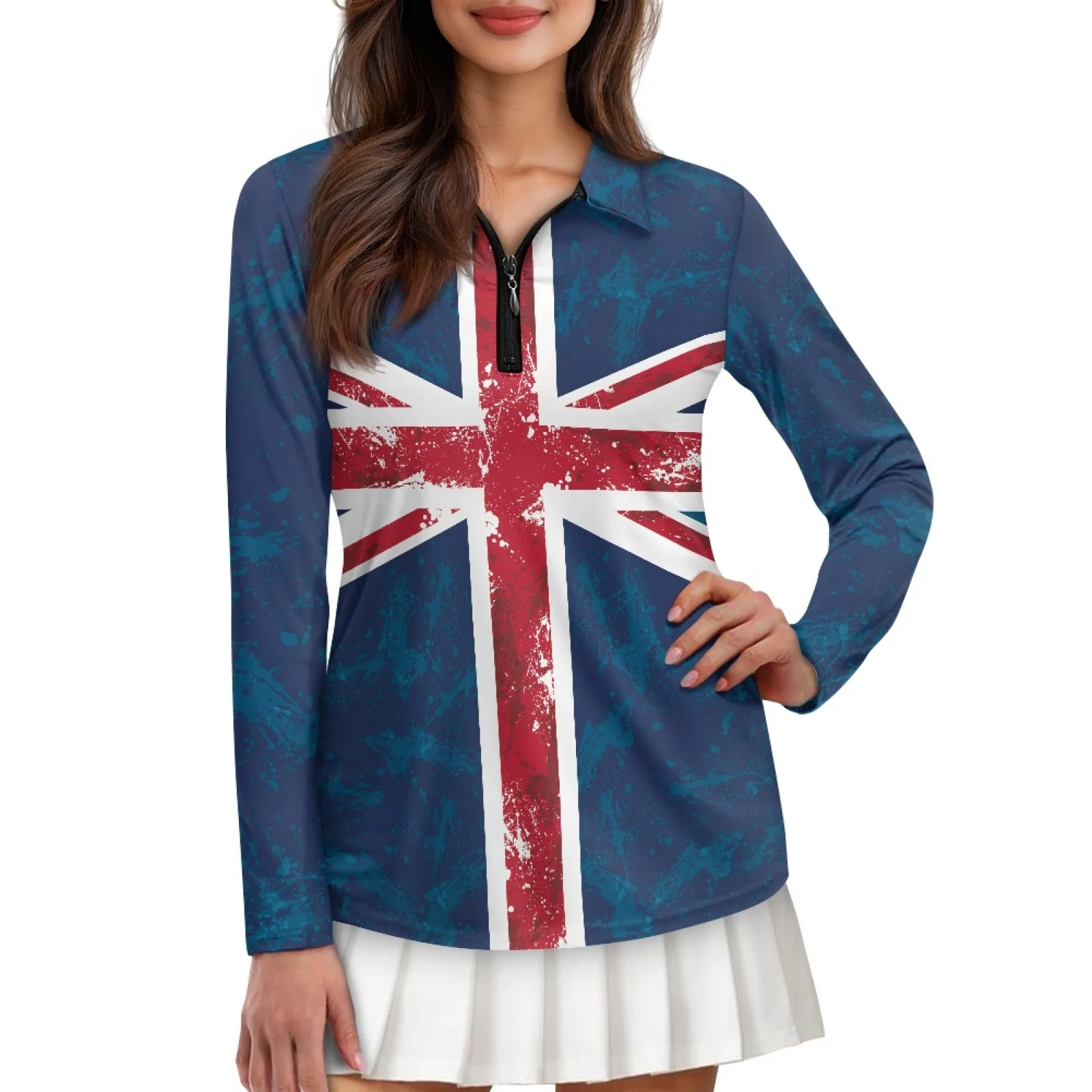PENSTROLL UK Flag Pattern Womens Stretchy Golf Tops Lightweight Athletic Polo Shirts for Badminton