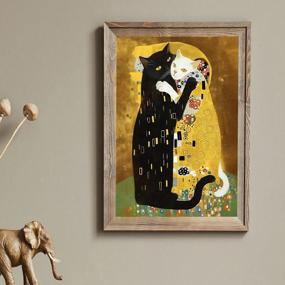 1 Pc, Unframed Canvas Print Painting Poster, Creative Parody Style, Kitty Klimt Art, Kiss, Room Home Decoration Stuff, Wall Art