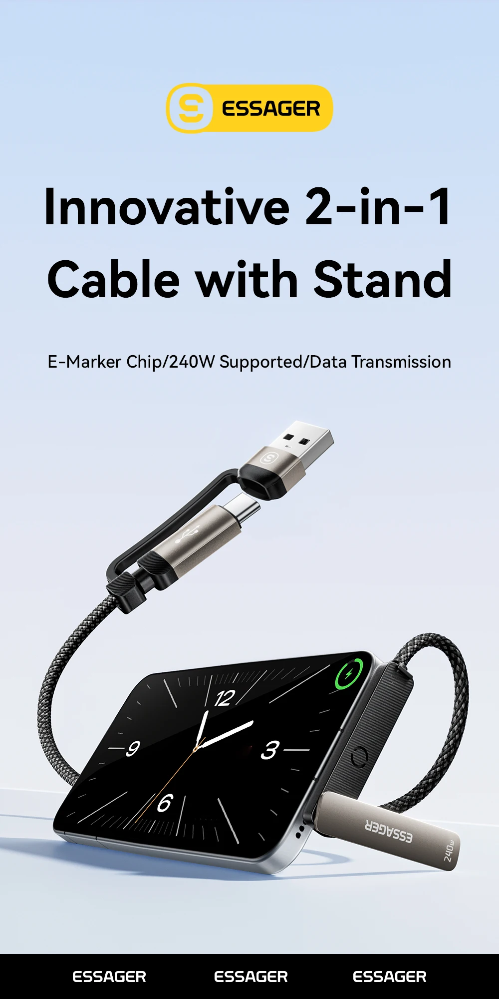 Essager 2-in-1 240W USB-C-Kabel mit Telefonständer für iPhone 17 16 Pro Max iPad Typ-C-Kabel für Macbook Xiaomi Samsung S25 – Detail 1