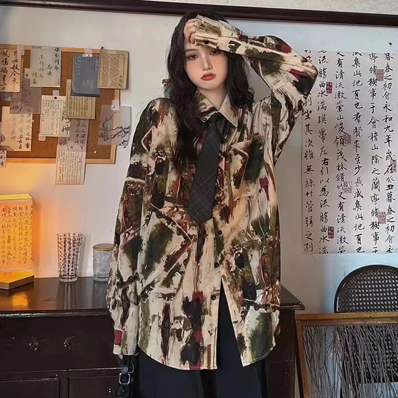 Hong Kong Style Personalized Wide oil Painting 2024 Autumn New Loose American Retro Shirt top tie Long Sleeved Shirt Commuting