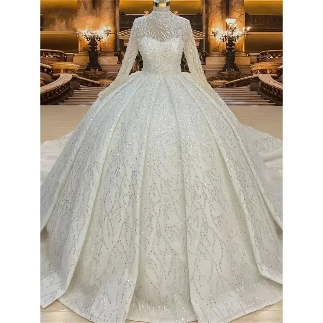 Charming Beaded Sparkling Ball Dress Wedding Dress High Collar Beaded Long Sleeve Bridal Dress Arab Bridal Dress Customized